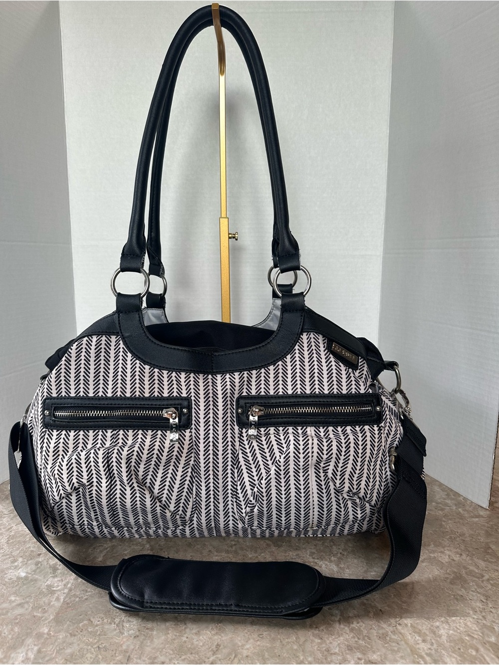 JJ Cole Satchel Black White Chevron Herringbone Travel Shoulder Bag Travel Purse